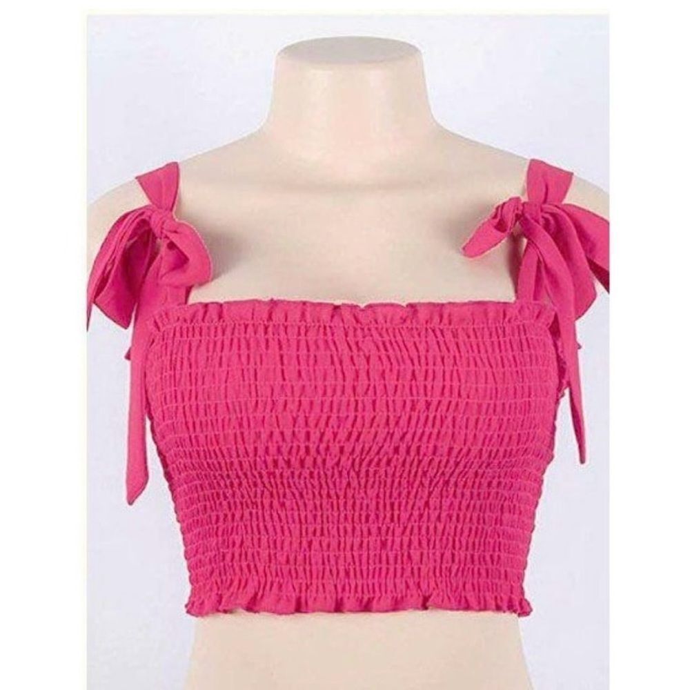 Kamissy Smocked Frilly Crop Tank Top Tie Shoulder Strap Size Large 8 377
